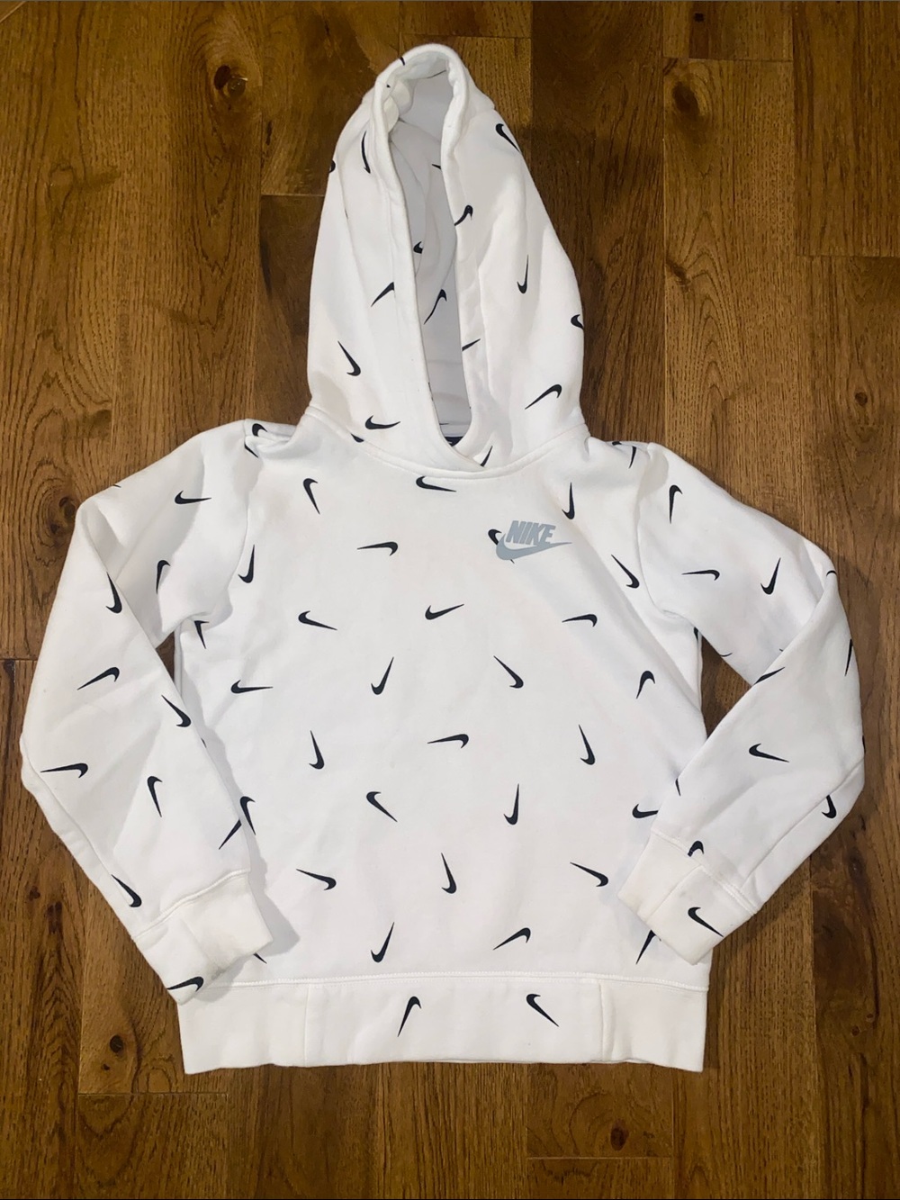 Nike White Girls S Hoodie with Black Swoosh Print